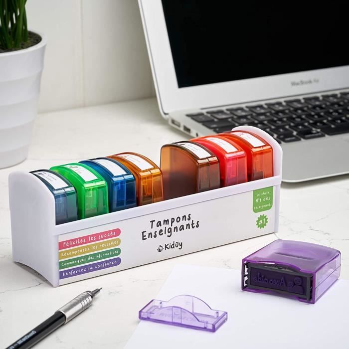 Tampon Enseignant Boîte De 8 Tampons Enseignants Français - Auto-Encreurs - Motifs Encouragement - Cadeau Pour Professeurs Tampon Smiley Enseignant