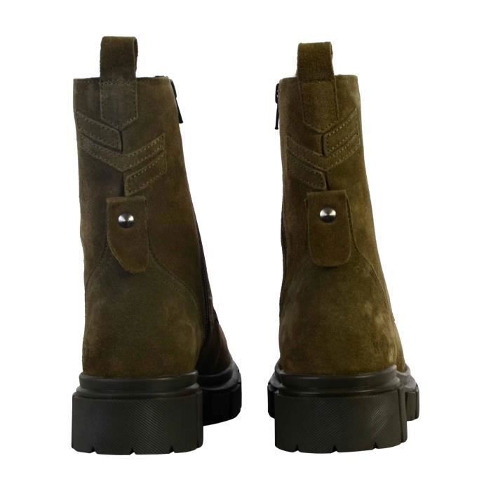 Bottines Femme Kaporal June Kaki Cuir Fermeture Zip Talon Bloc