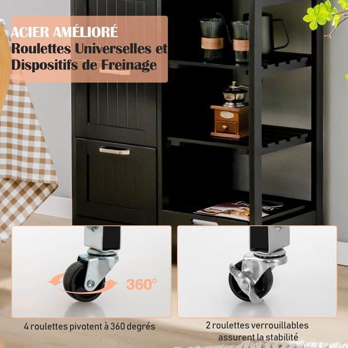 GOPLUS Desserte de Cuisine à roulettes, Chariot de Cuisine en Bois avec 3 Tiroirs, 3 Étagères, Plateau Amovible, 67 x 37 x 83,5 CM, Blanc