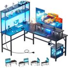 HLONONE Bureau Gaming LED 150 x 100 cm, Bureau d'angle avec Rangement, Prise Intégrée & Port USB, Etagere en Hauteur, Noir