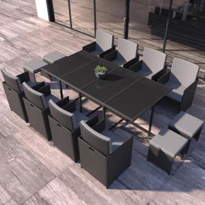 Ensemble table et chaise de jardin FLORIDA - Salon de jardin résine tressée Noir & Gris 12 places