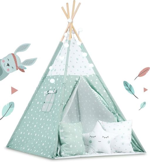 Tente tipi pour enfant - Nukido - Gris à étoiles - Coussins et sol cousu - Lumières incluses - Jeux - Jouets