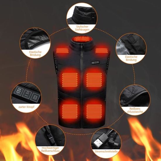 Gilet Chauffant électrique DR.PREPARE Unisexe - 3 Niveaux, 10 Zones, Ajustable, Pour Moto, Ski, Randonnée Hiver