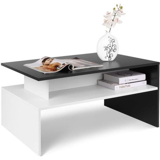 Table Basse de Salon Design Table de Salon en Bois Moderne avec Rangement 90x50x43CM (Noir et Blanche)