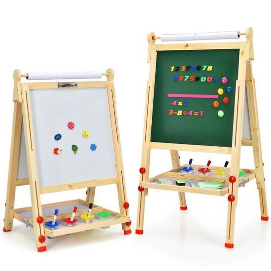 COSTWAY Chevalet Enfant Double Face – Tableau Blanc Magnétique + Noir + Parcours De Billes + Rouleau De Papier – Pliable, Réglable, 12 Accessoires – Dès 3 Ans