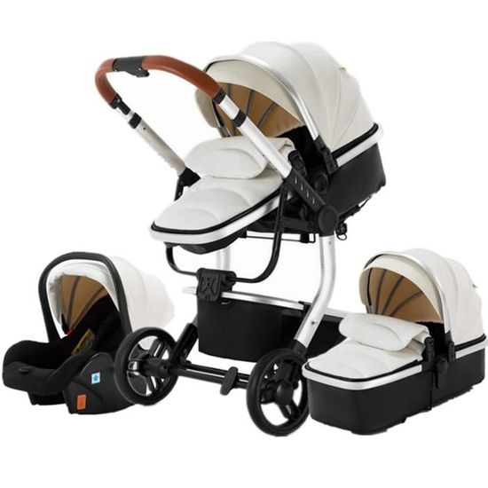 Poussette Bebe Trio Combinée Landau Réversible Grand Luxe en Cuir PU Hyper Confort Cadre Haut Alu Robuste et Design Moderne blanc