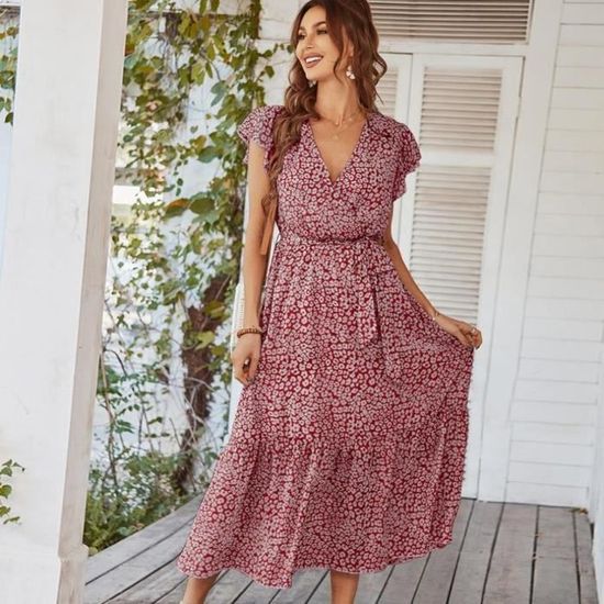 Robe D'été Femme Longue Imprimée Florale Boho - Col Rond, Manches Courtes, Coupe Décontractée Pour Plage Ou Vacances