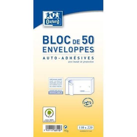 50 ENVELOPPES BLANCHES ADHESIVES PRE-CASEES 11 x 22 cm 