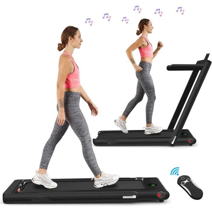 GYMAX Tapis de Course Pliable avec Télécommande & Écran LED, 1-12 KM/H, Grande Surface de Gourse, Jusqu'à 120 KG, Contrôle APP, Noir