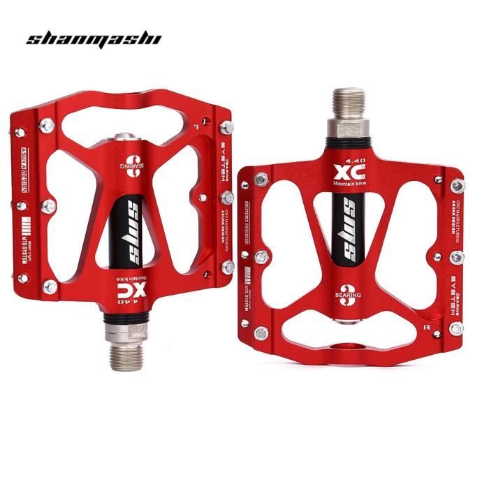 Pédale VTT Vélo BMX, Route Cyclisme Pedales Plates Anti-Glissant en Alliage Aluminium Plate Forme 3 Roulement Scellé--Rouge