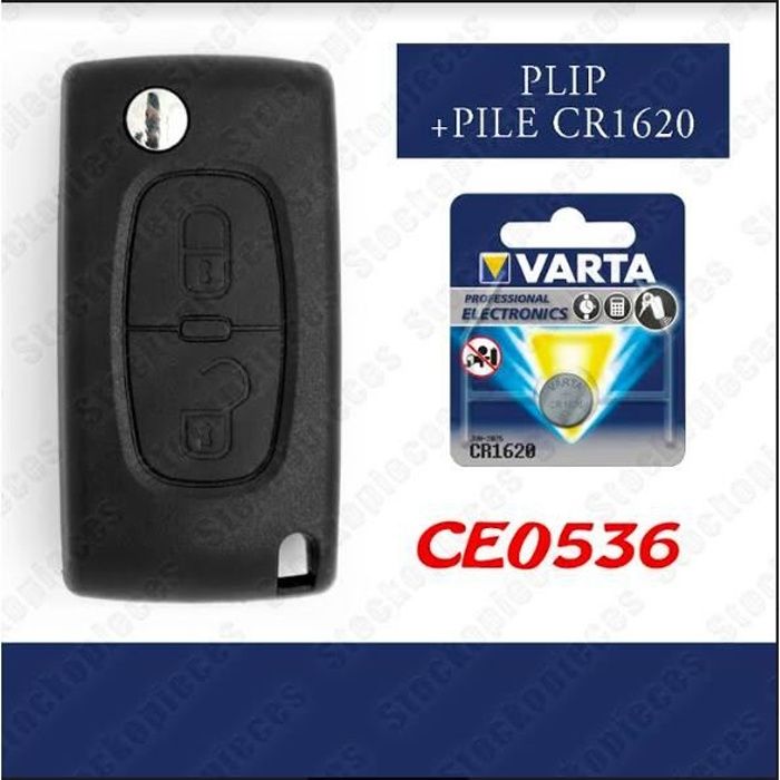 Coque Clé Plip Compatible Peugeot 207 307 308 407 Partner Expert 2 boutons CE0536 lame avec rainure + pile varta 1620