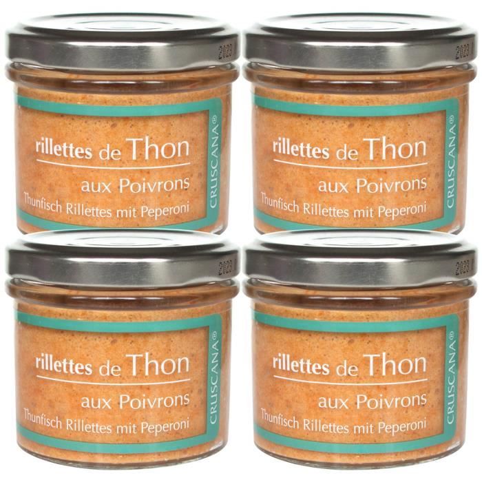 Lot de 4 - Cruscana Rilettes de thon aux Poivrons - 100g - Sans gluten, sans colorant - Apéritif à tartiner