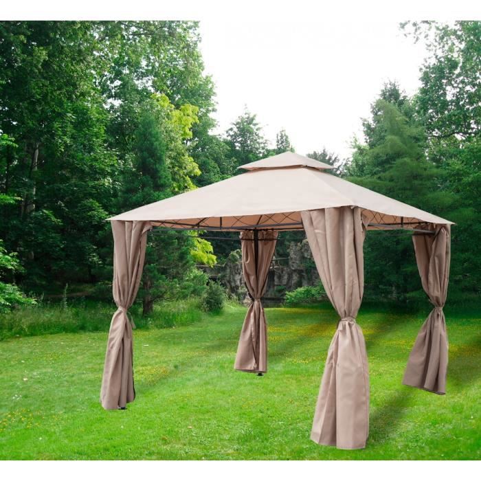 Belle tonnelle Beige de 3X3m et de 2,70m de haut Structure en acier traité époxy. Diam des pieds : 50 mm. Fourni avec ses 4 rideaux
