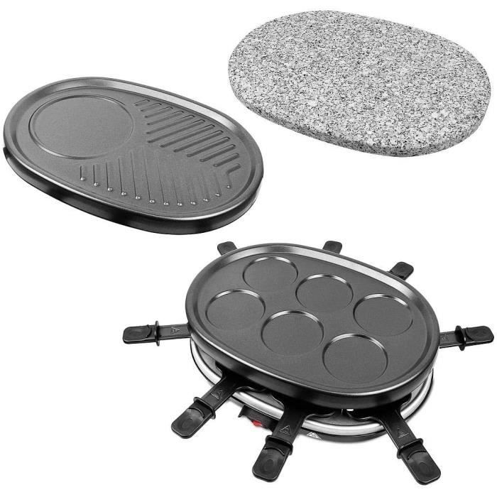 Leogreen - Appareil à Raclette 4 en 1 Multifonctions 8 personnes, Pierre à Griller, Plaque Grill, Plaques Crêpes, 8 poêlons, Compati