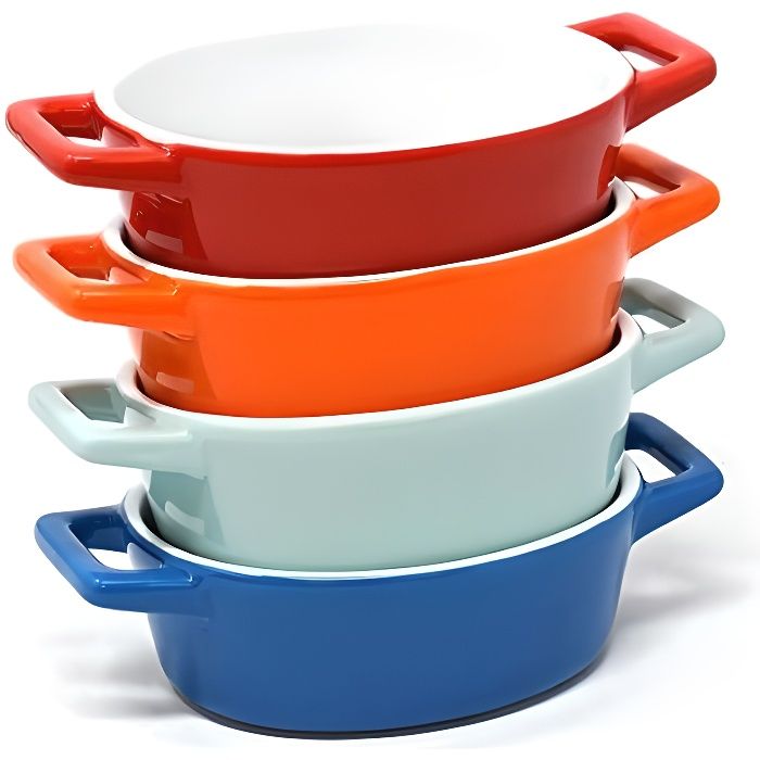 Lot plat four ovales (x 4) en céramique - Idéal pour lasagne, gratin ou cassolette - en bleu, bleu-vert, rouge et orange