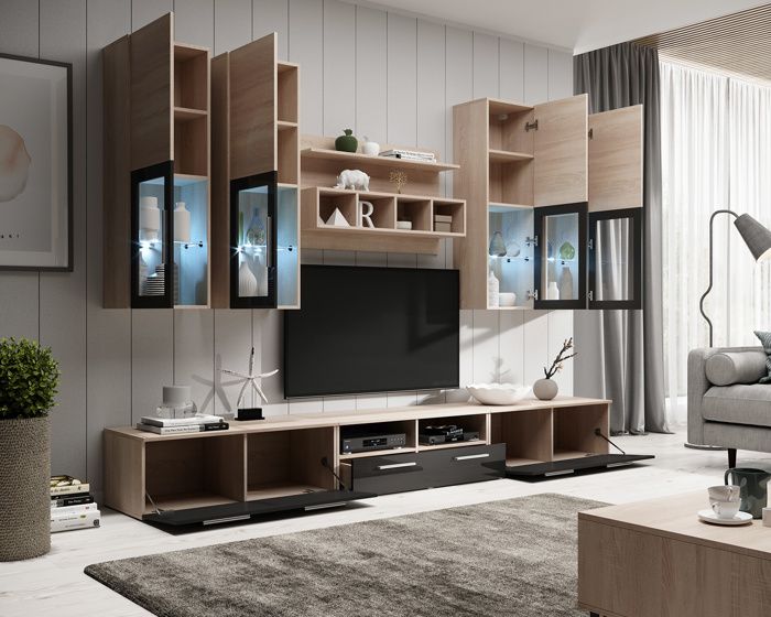 Meuble Mural TV Acosta sonoma et noir (3 m)