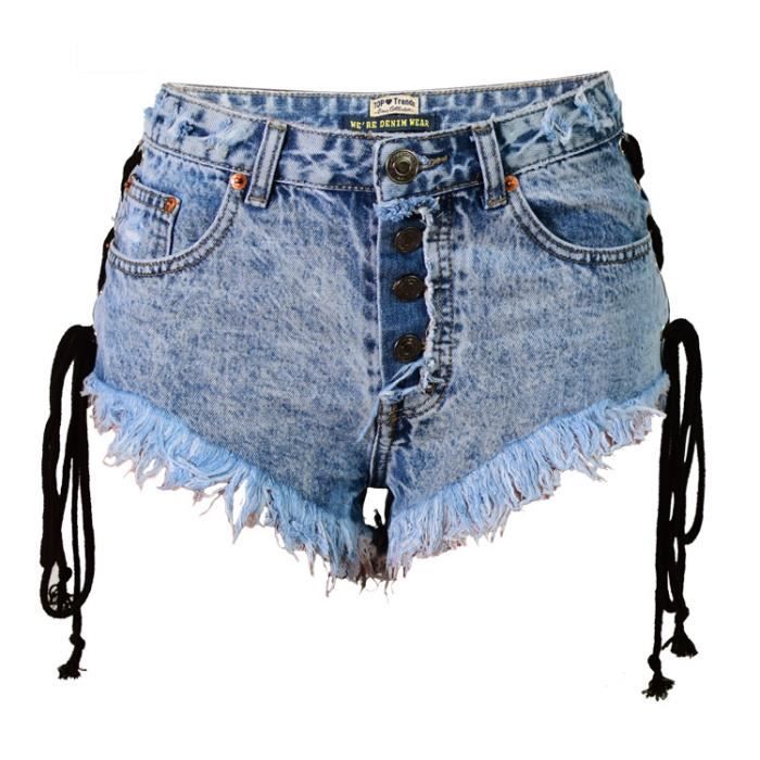 Short femme en jean taille haute lien coulisant avec frange SIMPLE FLAVOR
