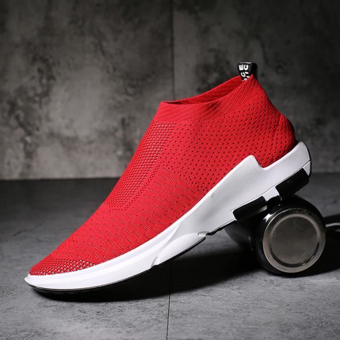 Mode homme solide respirant sans lacet sur chaussures de course de sport légères baskets - rouge