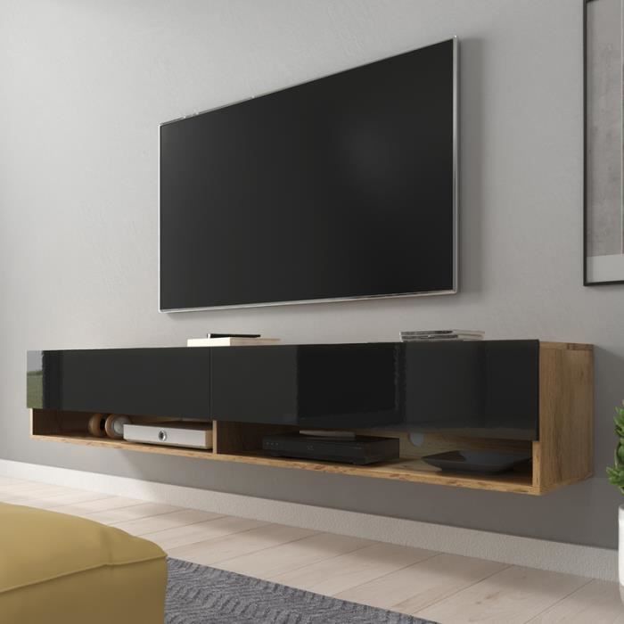 Meuble TV / Meuble de salon - WANDER - 180 cm - sans LED - chêne wotan / noir brillant - design moderne