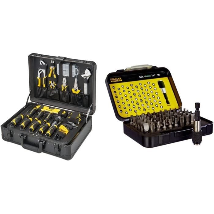 STANLEY Valise de Maintenance - 142 Pieces - Pinces et coupe-touts, cle a molette, niveau & Coffret de 61 Embouts 1/4\