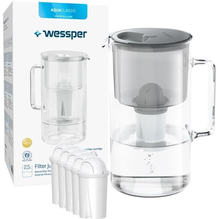 Wessper AquaClassic Crystalline 2,5L carafe filtrante à eau avec 6 filtres Wessper AquaClassic
