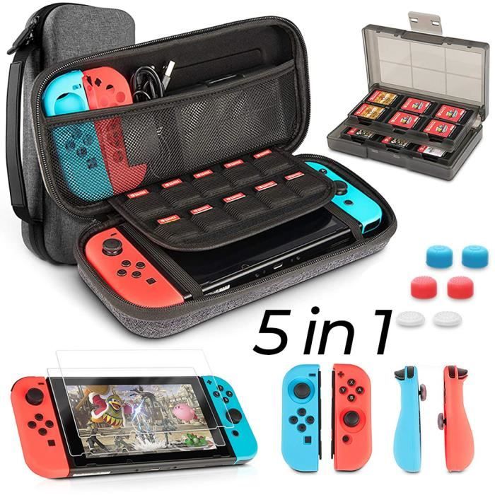 Etui pour Nintendo Switch,Porte-Cartes de Jeu, Protection en Silicone, Thumb Grip et Protection écran HD