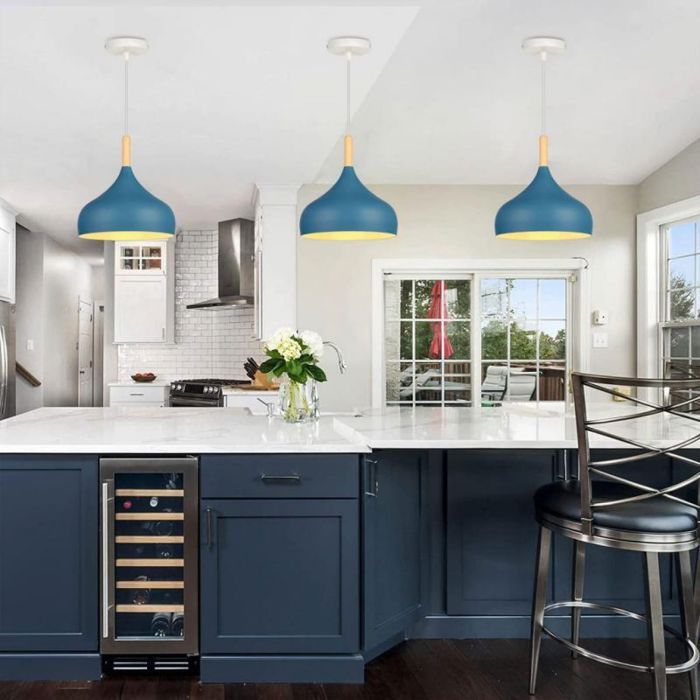 WOTTES Lustre Suspension Luminaire Moderne Style Goutte Chapeau Plafonnier Métal Bois pour Cuisine Ø24CM Bleu foncé 3PCS