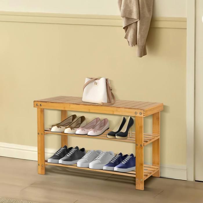 B.LIVEM Banc à Chaussures en Bambou à 3 étagères Étagère à Chaussures dentrée 70*27*42cm Couleur bois