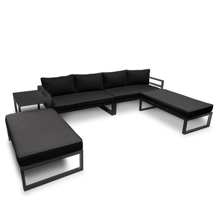 Perel Salon de jardin aluminium noir mobilier extérieur 8 personnes avec coussins et table d appoint rangement compact 125 x 68 Perel Salon de jardin aluminium noir mobilier extérieur 8 personnes avec coussins et table d appoint rangement compact 125 x 68