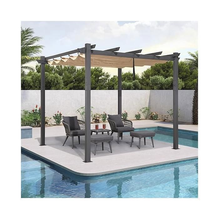 Pergola aluminium 3x3 m toit coulissant tonnelle extérieure terrasse jardin cadre gris beige – PURPLE LEAF