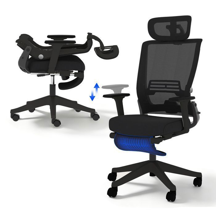FlexiSpot Chaise de Bureau Ergonomique Chaise Pliante avec Support Lombaire Appui-Tête 2D Chaises avec Repose-Pieds Noir