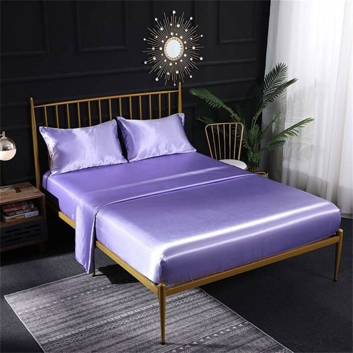 Parure de lit 4 pièces en satin de soie avec drap-housse drap plat taie doreiller respirante douce et confortable Mauve (Full)