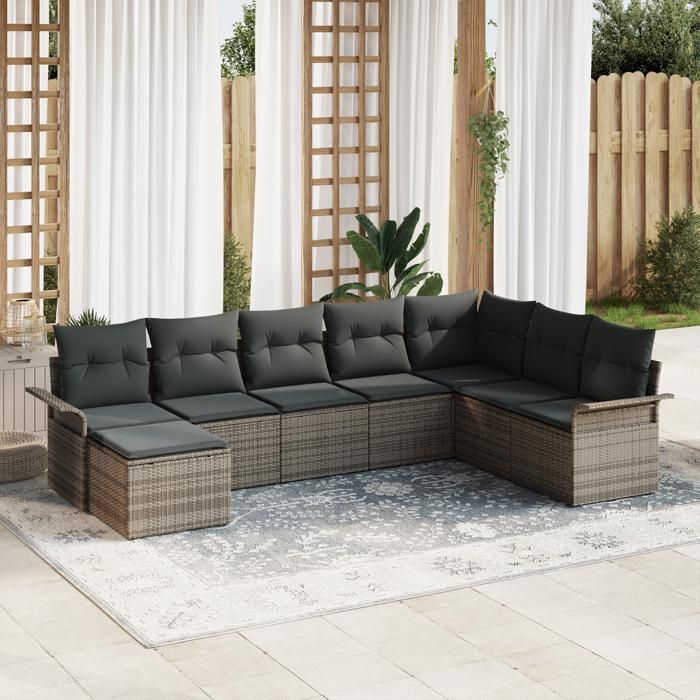 Ensemble de canapés de jardin 8 pièces avec coussins gris en rattan poly Canapé de jardin 2 places avec rangement & 3354148