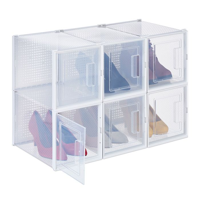 Relaxdays boîtes à chaussures lot de 6 pour talons hauts empilables pointure 42 trous daération transparent/blanc