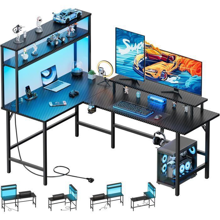 HLONONE Bureau dangle avec Rangement 150 x 100 cm Bureau Gaming en L avec Prise Intégrée & LED Surface en Fibre de Carbone Noir