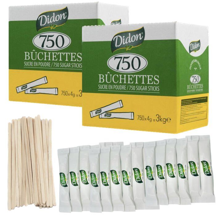 DIDON – Set de 1500 sticks sucre (750 x 2) – Sucre cristal en portions 4g – Pour café et thé