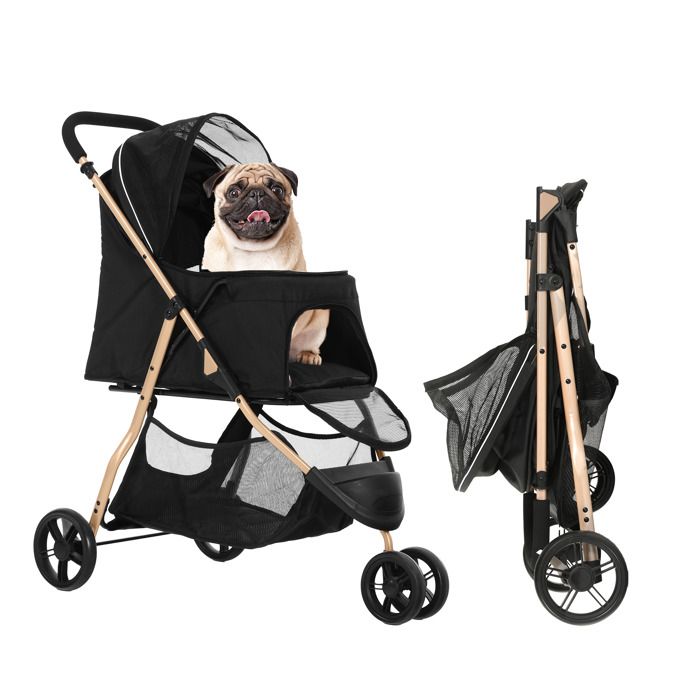 Meilleurs prix pour Balconera Poussette pliable pour chien et chat (15 kg) avec 3 roues fenêtres en filet porte-gobelet et freins (noire)