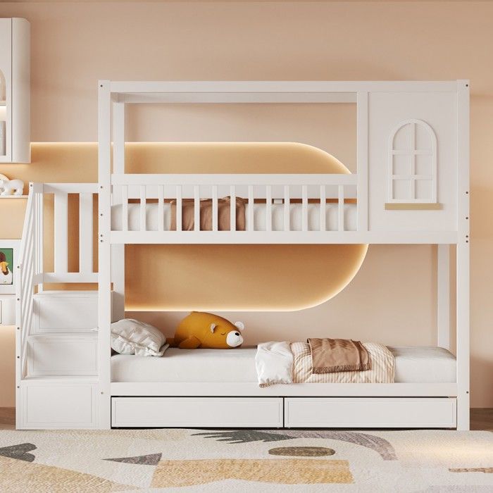 Lit superposé maison blanc antique 90x200 cm double bois massif avec barrière sécurité tiroirs rangement et échelle - Sans Matelas