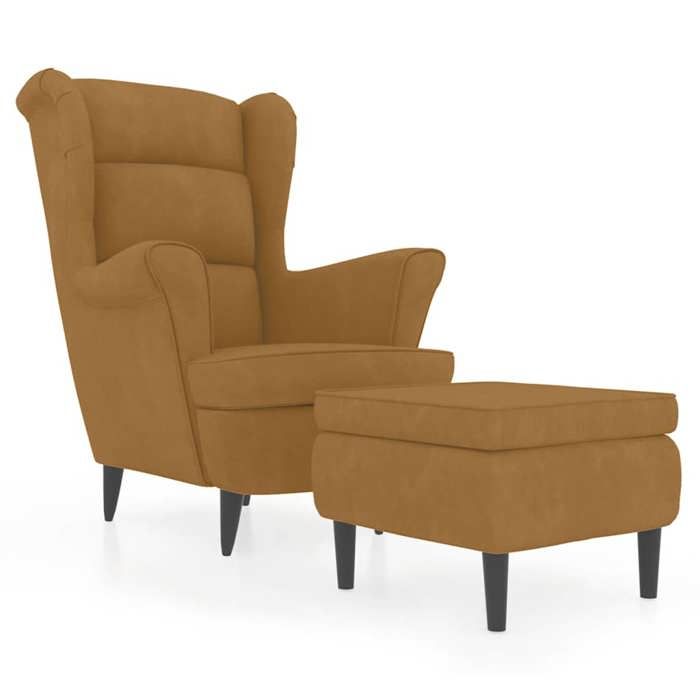 Fauteuil à oreilles avec tabouret - JILL - Velours - Marron - 78x90x96 5 cm - Tabouret inclus