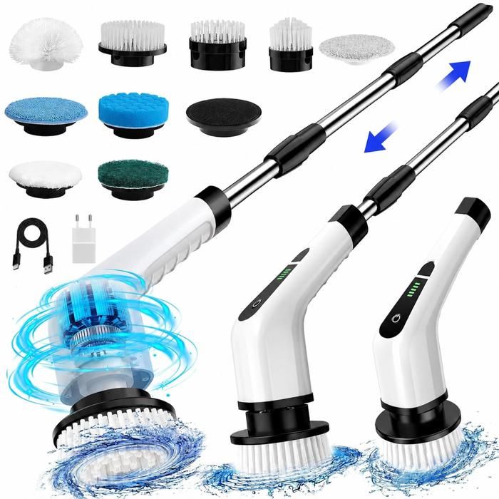 Brosse de nettoyage électrique IPX7 137 cm sans fil 10 têtes manche télescopique salle de bain cuisine carrelage