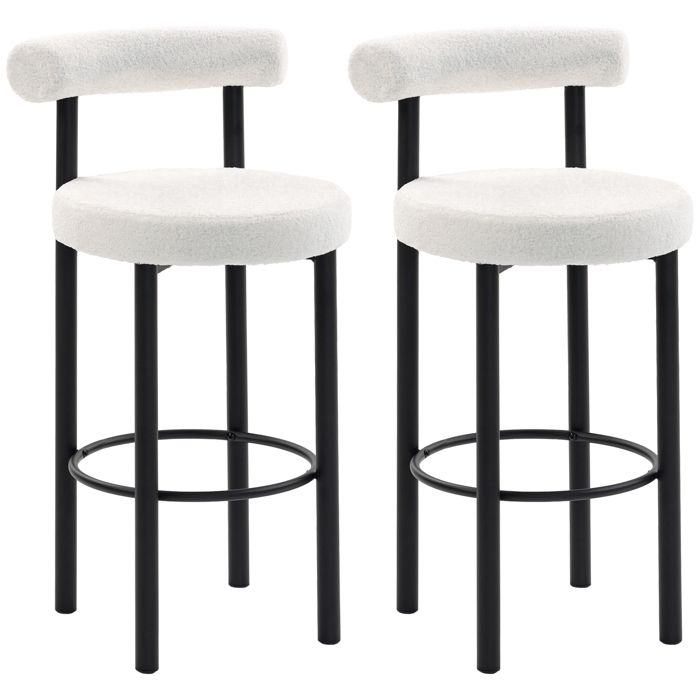 Lot de 2 tabourets de bar - HOMCOM - dossier incurvé - repose-pieds - tissu bouclette et métal - 50x525x98cm - blanc
