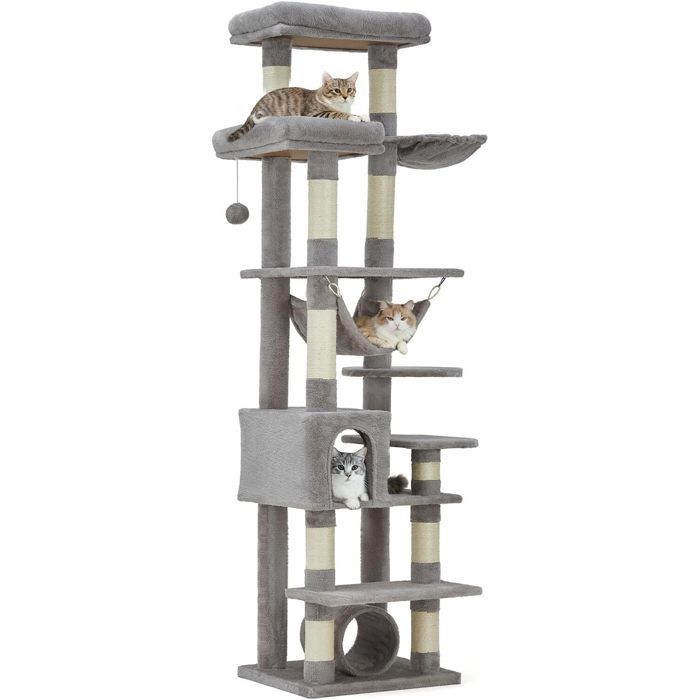 188 H Arbre à Chat XXL Robuste pour Grands Chats – 11 poteaux à griffer hamac Tunnel-gris