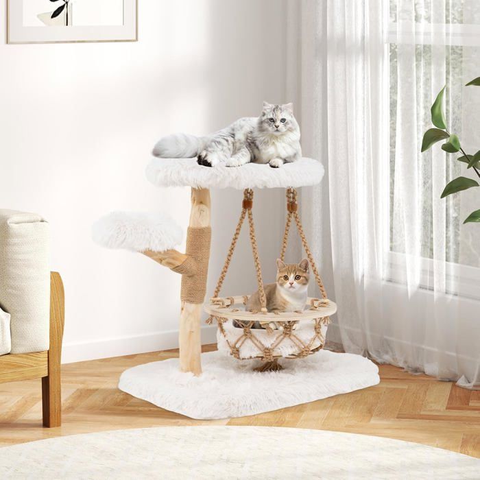 GIANTEX Arbre à Chat 66 CM en Bois de Poirier Griffoir Jute Coussin Amovible & Lavable Beige (Hauteur 66CM)