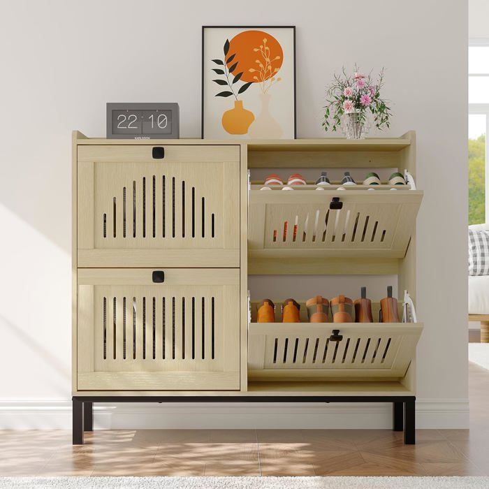 Meuble à chaussures 4 portes - LUNSY - 105x24x96 cm - Beige - 24 à 32 paires - Pointure jusquà 46 - Étagères réglables