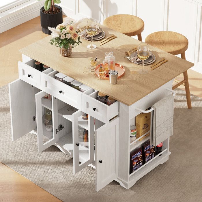 Îlot de Cuisine Pliable 1515×60×917cm Dépliable 85cm Plateau Grain de Bois Portes Verre Trempé Poignées Alliage de Zinc
