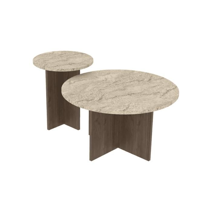 CALICOSY - Lot de 2 Tables basses rondes Ø70 cm et Ø40 cm TILIA - Travertin/ Noyer