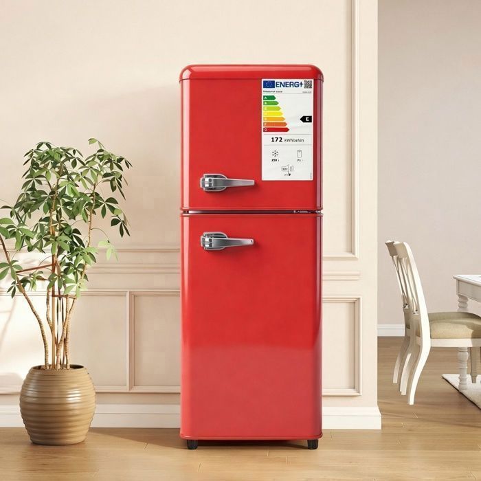 LINHOO Réfrigérateur Congélateur 112 L Double Porte Frigo Vintage avec LED Température Réglable Rouge