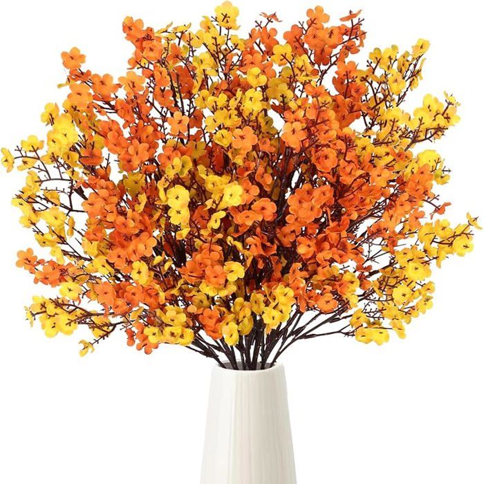 10 Pièces Fleurs Artificielles Automne Bouquet de Fleurs Gypsophiles en Soie Orange et Jaune Faux Fleur FLEUR-PLANTE ARTIFICIELLE