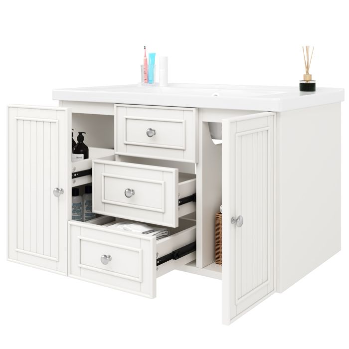 Meuble de salle de bain avec vasque en céramique- 3 tiroirs et armoire –Lavabo suspendu- Façade laquée -785×46×468 cm- Blanc