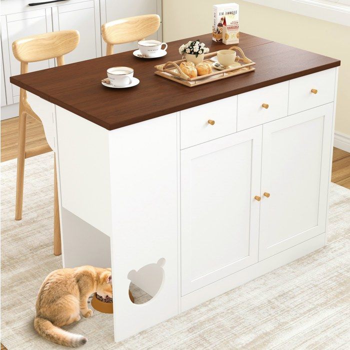 Desserte de cuisine 120x40-70x90 cm extensible 3 tiroirs 2 portes MDF blanc et noyer